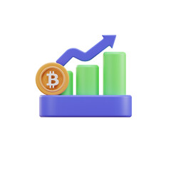 Cryptocurrency Growth Chart with Coin on a Transparent Background Shows Upward Trend in Green Bars and Blue Arrow