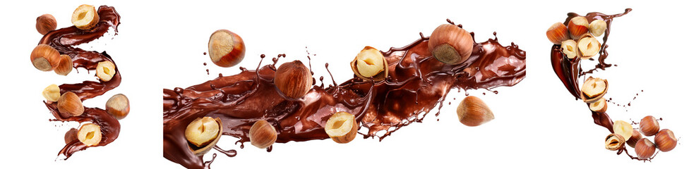 Splashes of sweet hot chocolate and hazelnuts on white background