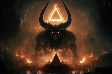 Dark fiery cavern with a massive horned demon figure looming behind a glowing triangular symbol and ancient pyramid-like temple engulfed in flames and smoke
