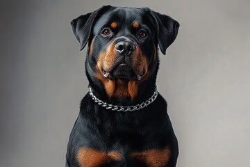Obraz premium close-up of a calm and attentive rottweiler dog wearing a silver chain collar against a plain background