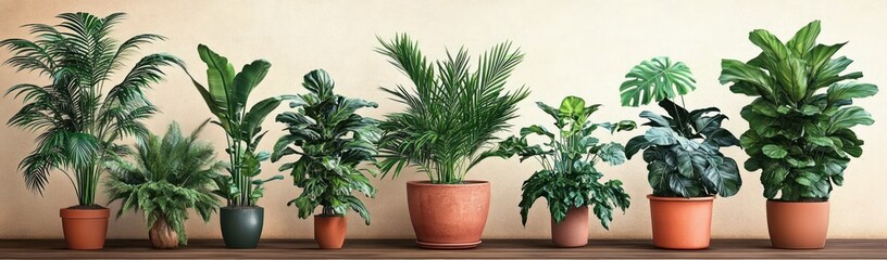 Obraz premium A row of various potted green indoor plants with lush leaves arranged on a wooden surface against a plain beige wall, evoking calm and natural beauty