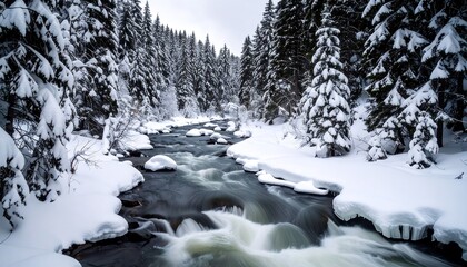 Snowy winter forest stream
