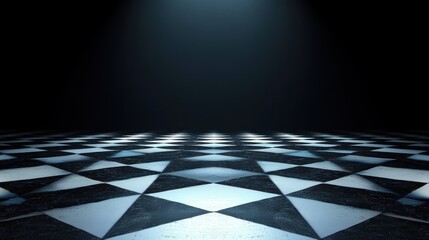 Illuminated black and white checkered floor extending into darkness under a single overhead spotlight creating a dramatic and mysterious atmosphere
