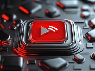 Close-up of a shiny metallic button with a red illuminated play icon surrounded by futuristic geometric shapes on a dark surface, evoking a sense of advanced technology and digital media