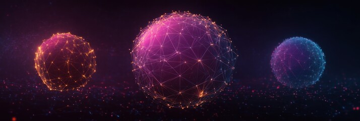 Three glowing spheres formed by interconnected glowing nodes and lines with a futuristic neon color scheme on dark background