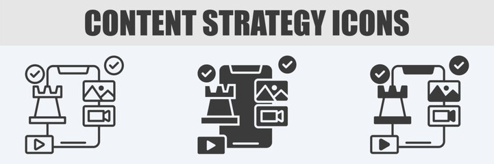 Content Strategy Icon Set Vector Illustration in Outline, Glyph, and Mixed