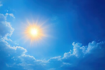 Bright sun shining in a clear blue sky with scattered fluffy white clouds creating a serene and uplifting atmosphere