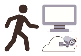 Person walking near cloud-connected security camera and monitor screen. Ideal for security, monitoring, privacy, technology, data storage, surveillance, surveillance systems. Simple flat metaphor