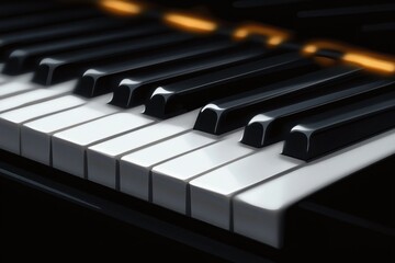 Close-up view of glossy piano keyboard keys with dramatic lighting highlighting smooth black and white surfaces conveying elegance and musical focus