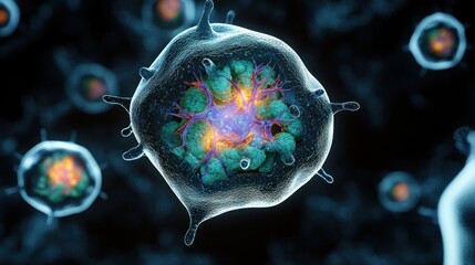 Detailed close-up of a translucent spherical cell with glowing internal structures and branching filaments floating in a dark environment