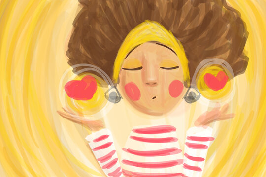 Mujer con aretes y dos corazones en las manos, ilustraci&oacute;n digital de paz, tranquilidad y equilibrio.