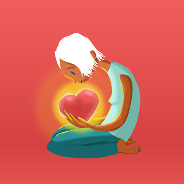 Mujer observa su coraz&oacute;n con asombro, ilustraci&oacute;n digital