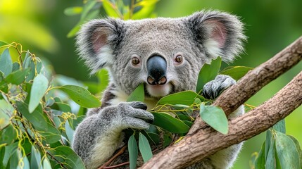 Obraz premium Cute Koala Holding Eucalyptus Leaves in Natural Green Environment