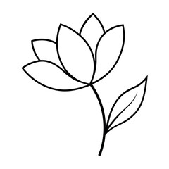 Simple outline of a blooming flower with stem and leaves in black and white