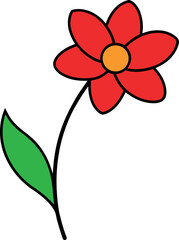 Simple red flower with green leaf and yellow center blooming in nature