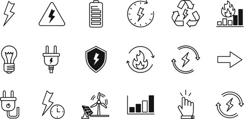 Electricity, energy, sustainability, icons, lightning, battery, solar, wind, power, renewable, eco, safety, plug, bulb, chart, recycle, flame, shield, clock, innovation