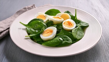 Fresh Salad With Boiled Eggs And Spinach On Elegant White Plate