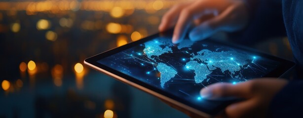Hands holding a tablet displaying a glowing digital world map with interconnected nodes and lines against a blurred cityscape background at dusk