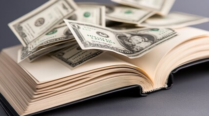 Money Bills Flying Above Open Book on Gray Background