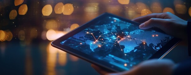 Person holding tablet displaying illuminated world map with glowing network connections representing global digital communication during night with blurred city lights background
