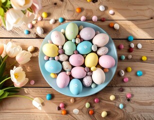 Pastel Easter eggs and candies on a wooden table