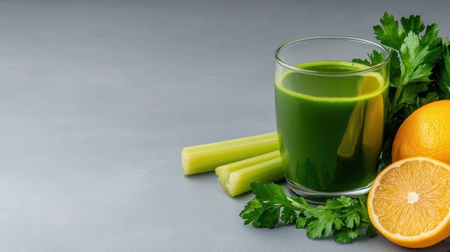 Fresh Green Juice with Celery, Lemon, and Parsley on Grey Background - Powered by Adobe