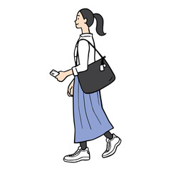 Simple Line Art Woman Walking with Bag and Cellphone Illustration