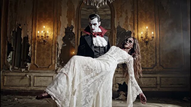 Vampire and Bride Dancing in a Haunted Mansion.