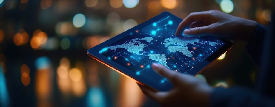 Person holding tablet with digital world map and connected network points glowing in a dark environment