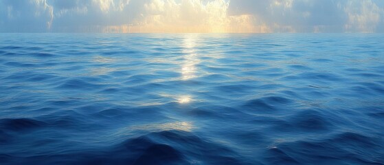 Calm ocean surface under a cloudy sky with sunlight reflecting on the water creating a peaceful and serene atmosphere
