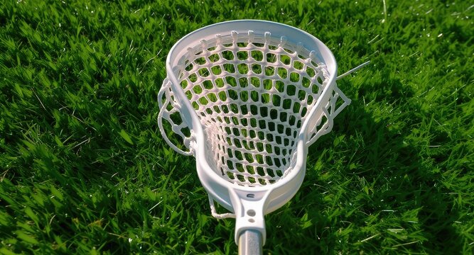 Lacrosse stick on green grass field.