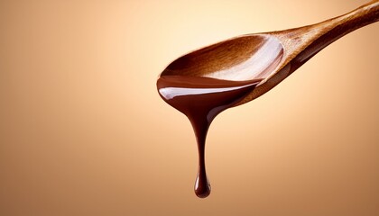 Liquid Chocolate Dropping From A Wooden Spoon Isolated On A Light Brown Background