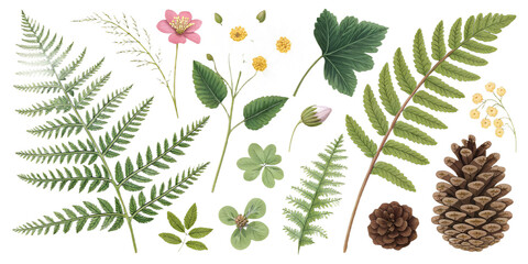 Summer Forest Elements PNG Set – Ferns, Flowers, Leaves, Pinecones – Individually Isolated and Separated on Transparent Background