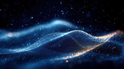 Abstract flowing waves of sparkling blue and orange particles creating a dynamic and luminous digital landscape under a dark starry background