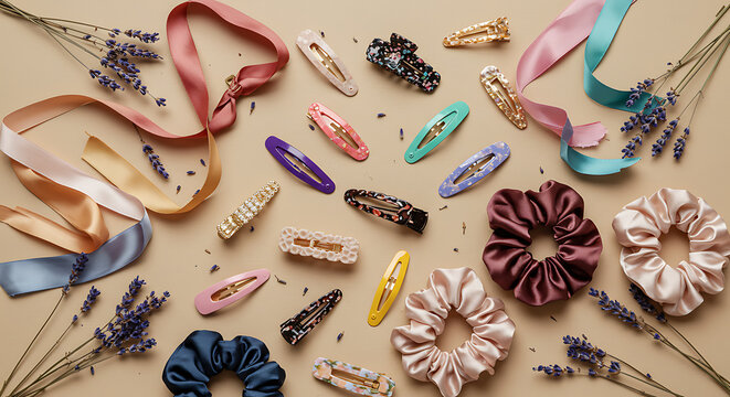 An overhead shot of hair accessories including scrunchies, hair clips, ribbons, and dried lavender flowers arranged on a light brown surface.