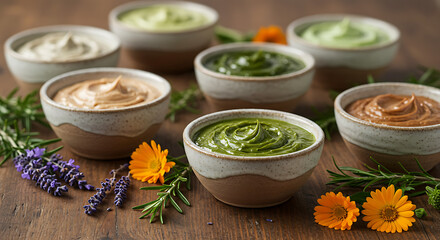 Assortment of colorful homemade face masks or creams in small ceramic bowls, decorated with flowers and herbs on a wooden surface.