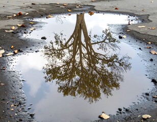 A tree's reflection in a puddle