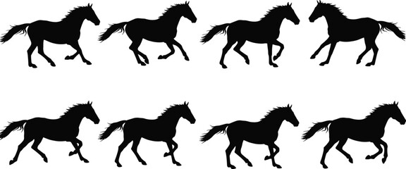 Running horse silhouettes collection, galloping stallion artwork, equestrian motion illustration, wild horse sequence, animal power, speed, trot, canter, graphic design