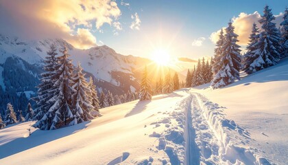 Snowy Mountain Landscape with Bright Sunlight and Pine Trees Under Dramatic Sky at Sunrise