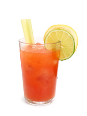 Glass of bloody mary with celery and lime on white background