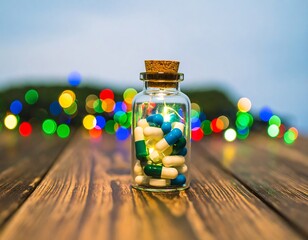 Illuminated pills in a glass bottle on a wooden surface