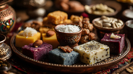 Traditional Indian sweets and snacks arranged on a festive platter for celebration