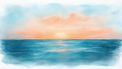 Fototapeta premium Calm ocean meeting the horizon with a soft pastel sunset and scattered clouds reflecting warm colors on the water surface