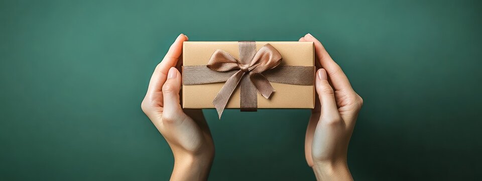 Two hands holding a neatly wrapped rectangular gift box with a brown ribbon bow against a green background, conveying a sense of giving and celebration