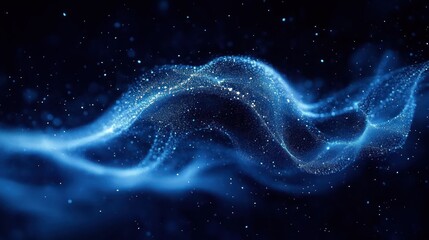 Dynamic flowing wave of glowing blue particles creating a sparkling and ethereal light trail in a dark space