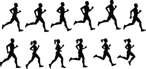 Running people silhouette collection, male and female jogging, fitness exercise, marathon athletes, outdoor training, healthy lifestyle, sport activity illustration