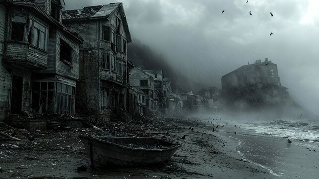 Derelict seaside buildings ravaged by an ominous weather system - Powered by Adobe