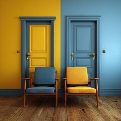 A vibrant interior featuring two stylish armchairs in front of a pair of doors, one painted mustard yellow and the other a rich teal blue, creating a bold color scheme in a mid-century modern design.