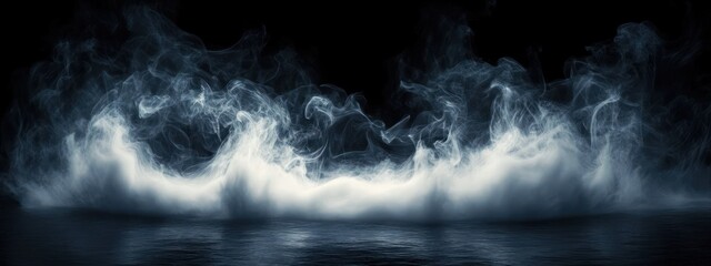 Thick white smoke or mist swirling and rising above a dark reflective surface with a black background creating a mysterious and ethereal atmosphere