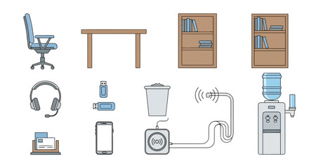 A vector illustration set of various office furniture and electronic equipment icons.